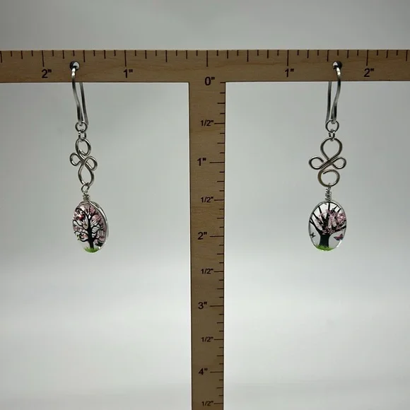 Tree of Life Dangle Earrings with Cherry Blossom Art Handmade Spring NWT - Picture 4 of 6